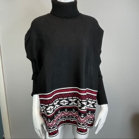Joseph Allen Sweaters - Joseph Allen Black and Red Aztec 3/4 Sleeve Poncho Style Turtleneck Size Medium